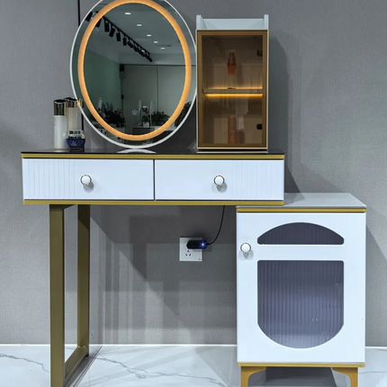 Contemporary Luxury Eco- Friendly  Durable Dressing Table Gold -Trim Makeup Vanity Fluted Drawers LED Light-Up Mirror Ribbed  Glass