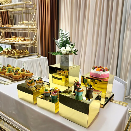 Gold Metal Stand Acrylic Cube Buffet Food Display Racks For Tea Break Cake Snack Rack Risers