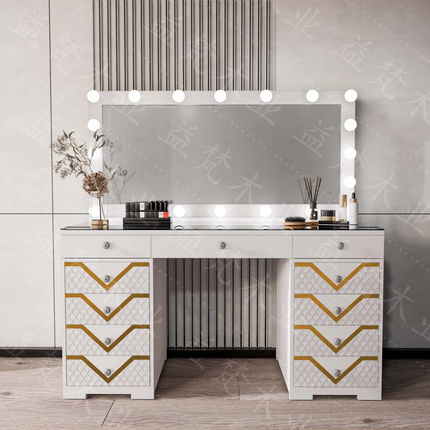 Modern MDF Makeup Vanity Table Set  with 9 Drawers  Large Storage Pink Princess Mirror for Bedroom & Bathroom Furniture