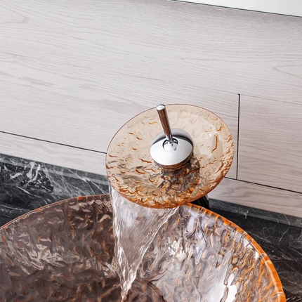 Bathroom Manufacturers Orange Transparent Art Glass WashBasin Bathroom Round Above Table Basin With Waterfall Faucet