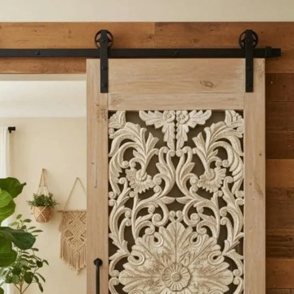 Luxury Handcrafted Floral Carved White Wash Solid Sliding Barn Door Artistic Interior Entryway