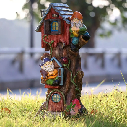 Solar Tree House Resin Gnome House Light Yard Lawn Figurine Patio Statue Porch Decor LED Solar Garden Decoration