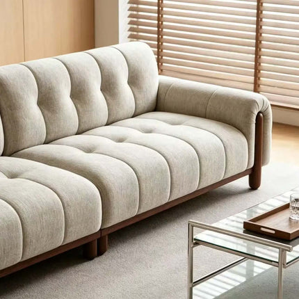 Modern Square Tufted Fabric Sofa Three Seat with Wood Legs Chesterfield Style Living Room Furniture