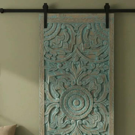 Rustic Antique Teal Carved Wood Sliding Barn Door Handcrafted Mandala Floral Interior Entryway