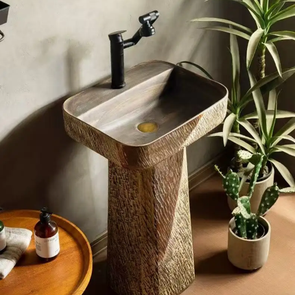 Kaolin Floor Mounted Vintage Simple Design Hand Wash Basin Bathroom Ceramic Floor Standing Lavabo Round Shape Pedestal Sink Bowl