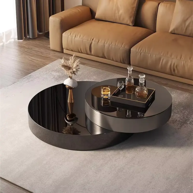 Modern Italian Minimalist Style Home Furniture Light Luxury Black Glass Coffee Table Rotating Feature for Large Small Spaces