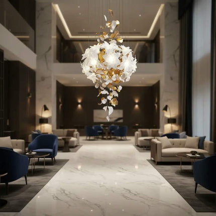 Elegant Design Indoor Decoration Custom Ceramic Flower Modleling Villa Staircase Wedding Led Chandelier Pendant Light