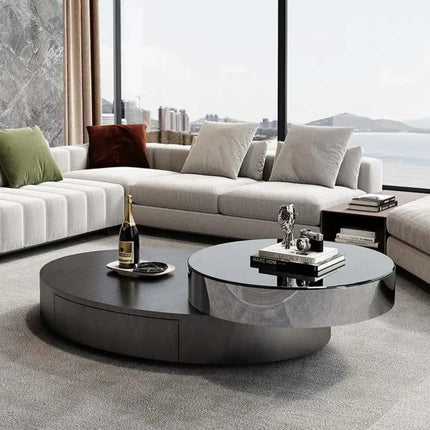 Modern creative design extendable stainless steel tempered glass rotating oval center coffee table set storage for living room