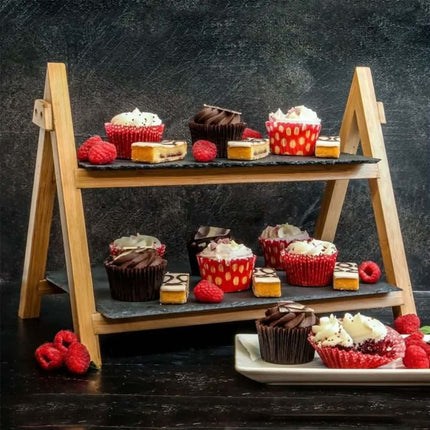 2-Tier Wooden Cake Stand With Cupcake Serving Set For Weddings Parties & Buffets For Bakery & Catering
