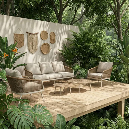 4-Piece Rope Woven Modern Outdoor Conversation Set Cream Anti-Rust Aluminum Frame Nesting Coffee Table Textured Grey Sofa Garden