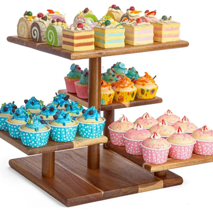 4-Tier Rustic Wooden CupCake Stand 50-Cup Capacity 12-inch Table Display Farmhouse Tiered Tray Decor Birthday Baby Shower-Square
