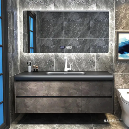 Italian Minimalist Single-Hole Bathroom Cabinet – Black Wash Basin, Ceramic Valve Core Smart Sink