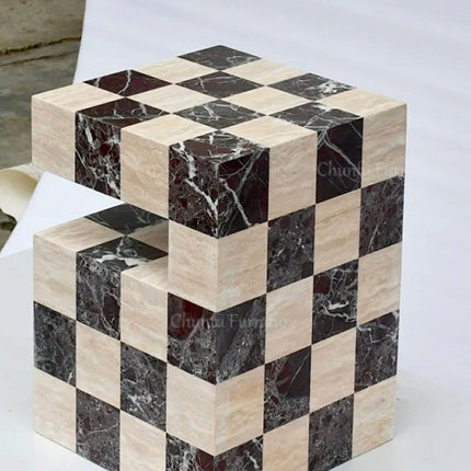 Modern Scandinavian Checkerboard Marble Coffee Table Geometric Sculptural Luxury Natural Stone Accent Piece For Living Room
