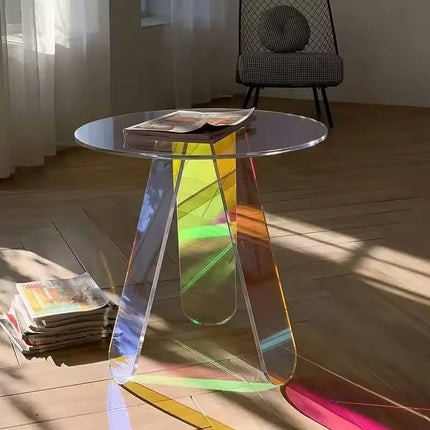 Nordic Modern Iridescent Acrylic Round Coffee Table, Luxury Rainbow Transparent Side Table for Living Room Office