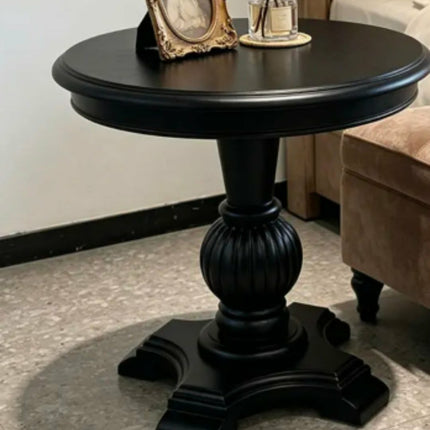 Black Solid Wood Round End Table Classic Carved Pedestal Side Table Vintage Nightstand For Living Room Bedroom
