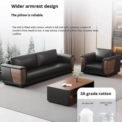 Office Sofa Coffee Table Set Simple Modern Genuine Leather Wooden Frame High Elastic Foam Sponge Business Executive Reception