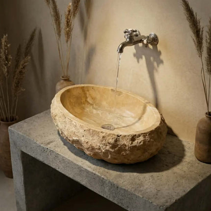 Aquarius Modern Beige Travertine Marble Stone Pedestal Wash Basin Natural Stone Restoration For Bathroom Hotel Villa