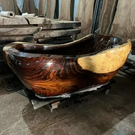 Handcrafted Unique Elegant Luxurious Exotic Timber Whole Solid Suar Epoxy Wood Freestanding Bathtub Soaking Outdoor