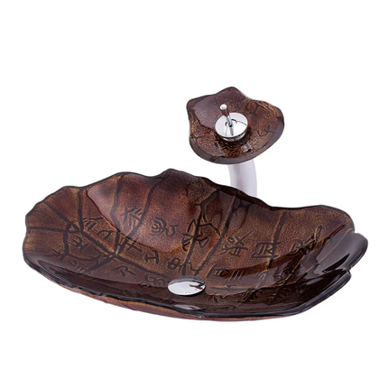 New Design Oracle Bone Script Pattern Glass Hand Basins Bathroom Cabinet Sinks Brown Modern Sink Bathroom Wash Basin With Faucet