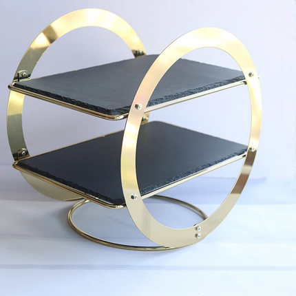 Golden Frame Dessert Display Platter Slate Cheese Board 2 Tiers Decorative Wedding Cake Stand