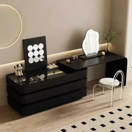 Black Dressing Table With Integrated Drawer Cabinet, Italian-Style Makeup Table, Vintage Style, High-End Solid