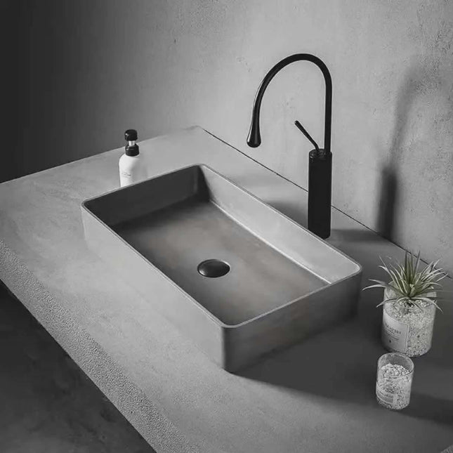 Modern Rectangular Concrete Vessel Sink with Matte Black Faucet – Minimalist Bathroom Countertop Basin Design