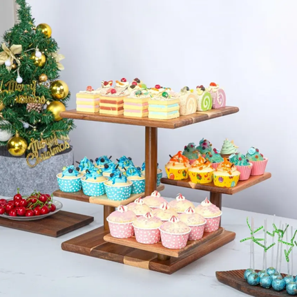 4-Tier Rustic Wooden CupCake Stand 50-Cup Capacity 12-inch Table Display Farmhouse Tiered Tray Decor Birthday Baby Shower-Square