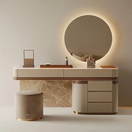 Modern Luxury Cream Solid Teak Wood Makeup Vanity Adjustable Lighted Mirror Dressing Table Chest Drawers For Apartment Bedroom