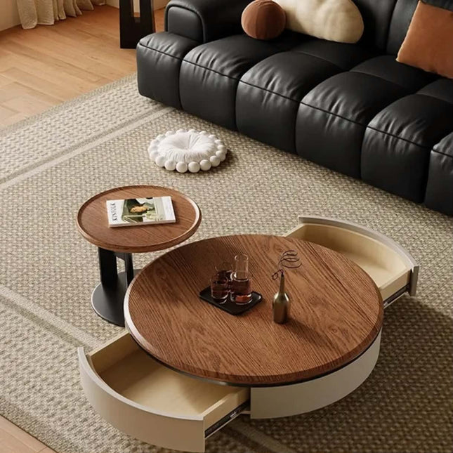Wooden Round Coffee Table Set Vintage Living Room Coffee Table With 2-Drawers Minimalist Storage Coffee Table Set for Home Use