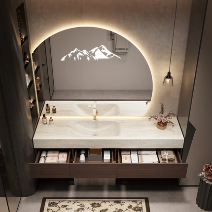 Classic minimalist floating bathroom vanity with sintered stone integrated basin & smart LED mirror solid wood