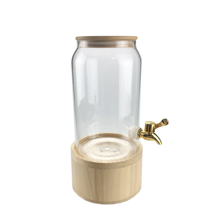 Big Volume Juice Glass Beverage Dispenser Sealable Glass Jar Ice Bucket Wood Stand