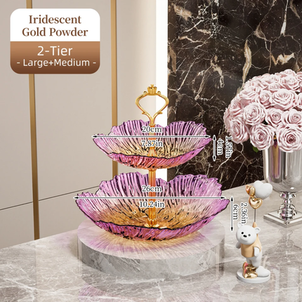 Luxury 2/3 Tier Gradient Petal Plastic Fruit Plate Crown Gold Handle Food Grade Snack Candy Serving Tray For Wedding Party Decor