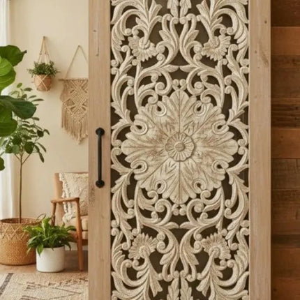 Luxury Handcrafted Floral Carved White Wash Solid Sliding Barn Door Artistic Interior Entryway
