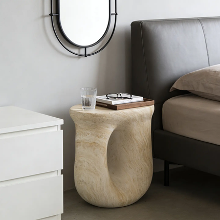 Modern Organic Shape Travertine Side Table Luxury Sculpture Natural Stone End Table Cream Beige Wabi Sabi Bedside Stool