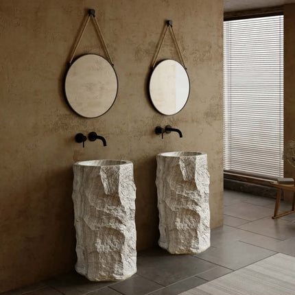Wabi Sabi White Wood Grain One Piece Cylindrical Free Standing Sink Artificial Stone Bathroom Marble Design Pedestal Wash Basin