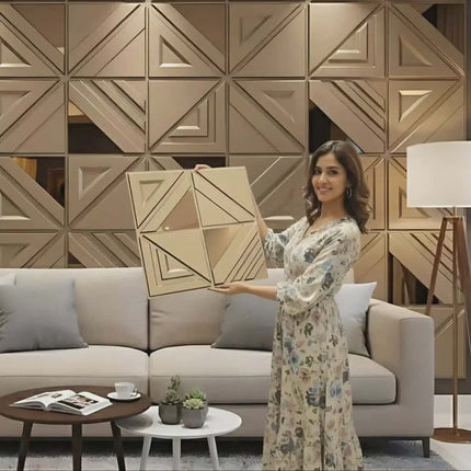 Modern 3D Geometric Wall Panels with Gold Finish – Luxury Decorative Interior Wall Design Display