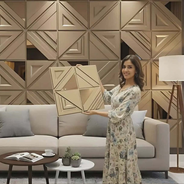 Modern 3D Geometric Wall Panels with Gold Finish – Luxury Decorative Interior Wall Design Display