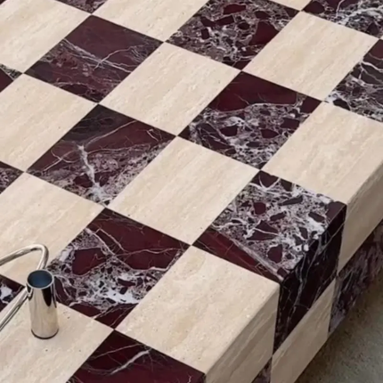 Modern marble coffee table unique style with natural red and white square checkerboard square plinths pedestal coffee table