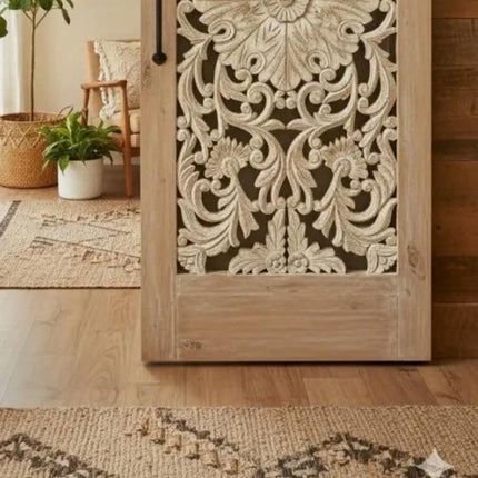 Luxury Handcrafted Floral Carved White Wash Solid Sliding Barn Door Artistic Interior Entryway