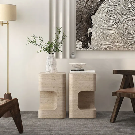 SAIDKOCC 40x40x50cm Wabi Sabi Style Natural Marble Travertine Bedroom Bedside Table Living Room Side Table Home Decoration Beige