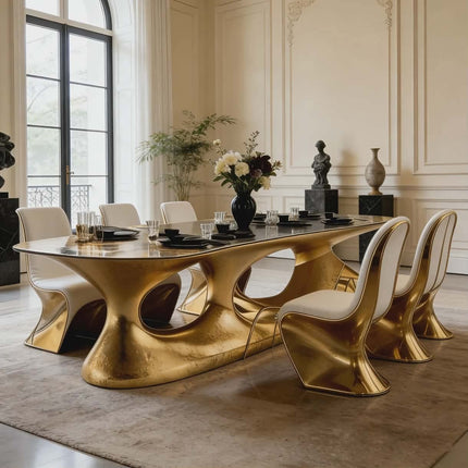 Luxury Modern Gold Firberglass Dining Table Custom Oval Black Dining Table Gold Base Waterproof Durable 6 Seater