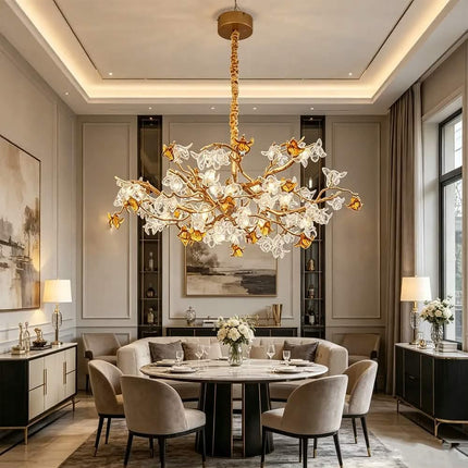 Luxury Art Pendant Light Branch Chandelier Handmade Flower G9 Build Aluminum Glass Shade 3-Temperature Living Room Dining Room