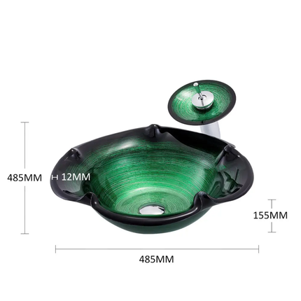 Green Color Hand Painted Flower Shape Vanity Counter Top Bathroom Hand Wash Basin Glass Bathroom Sink Modern Design
