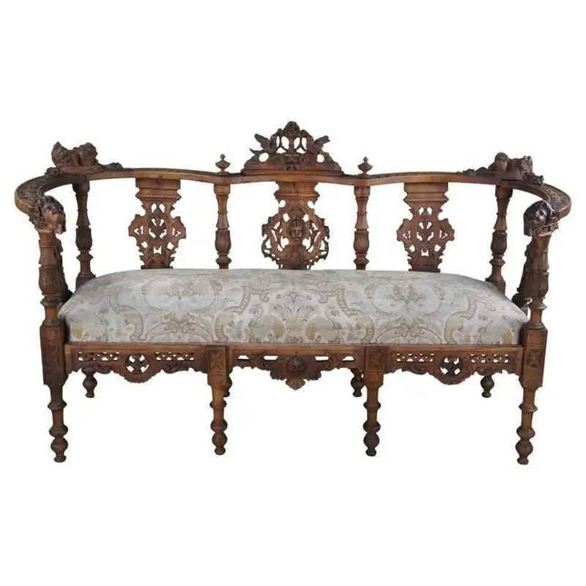 Antique Victorian Neo-Renaissance Carved Wood Settee Sofa