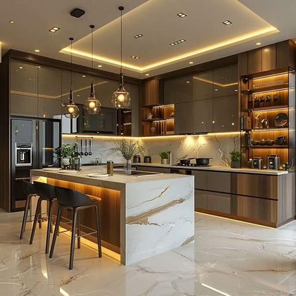 Custom Modern Luxury Smart Melamine Board Solid Wood Veneer Kitchen Island Complete Full Kitchen Storage Cabinet Set for Villa