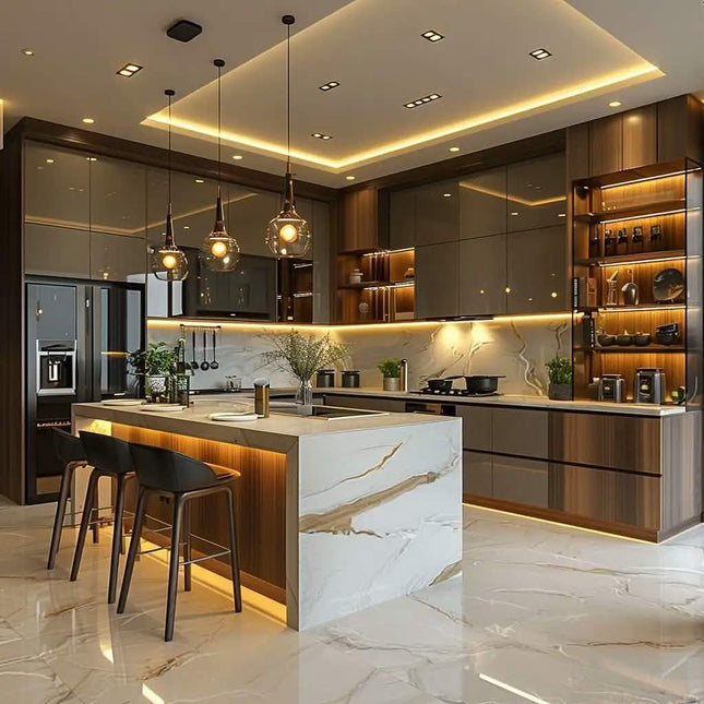 Custom Modern Luxury Smart Melamine Board Solid Wood Veneer Kitchen Island Complete Full Kitchen Storage Cabinet Set for Villa
