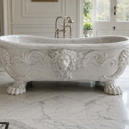 High End White Marble Bathtub With Lion Head And Scroll Carving Freestanding Luxury Stone Tub For Hotel Bathroom Decor
