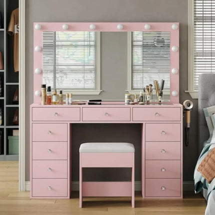 LED Modern Mango Panel Design Makeup Vanity Table 3 Light Modes Built-in Power Outlets Hairdryer Cushioned Stool Storage