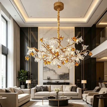 Luxury Art Pendant Light Branch Chandelier Handmade Flower G9 Build Aluminum Glass Shade 3-Temperature Living Room Dining Room