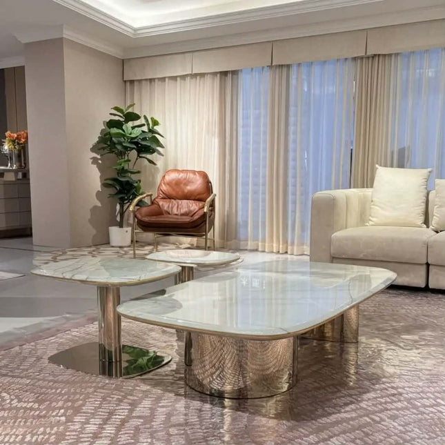 Made of FiberGlass  Modern Italian Luxury Durable Natural Marble Polished Stainless Steel Nested Set Villa Hotel Living Room Coffee Tables